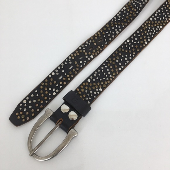 Brown Genuine Leather Belt Mixed Metal Studs Silver Tone Buckle Women’s Size L - Picture 3 of 10